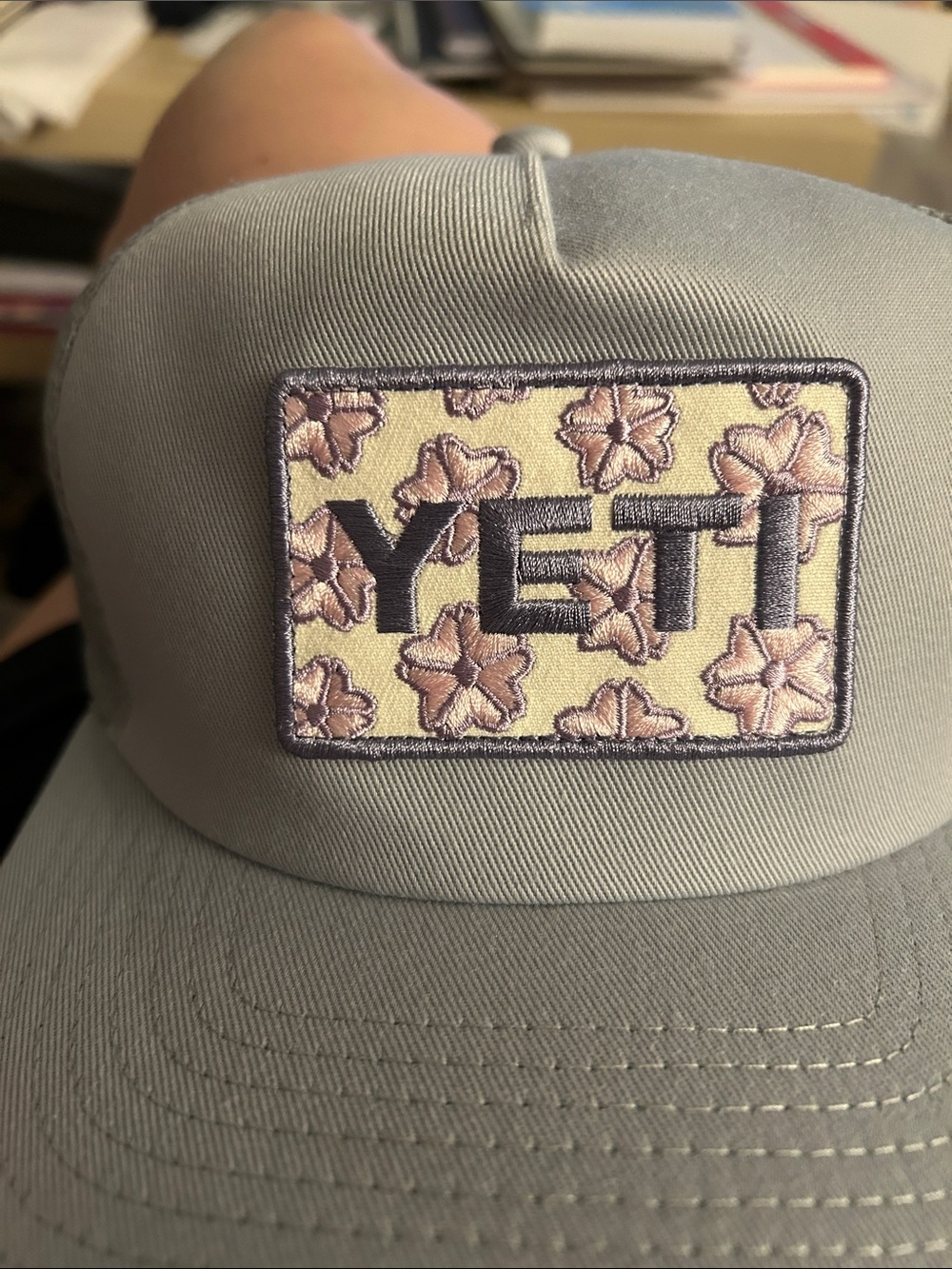 YETI Cherry Blossom Gray Trucker Hat with Pink Floral Patch
